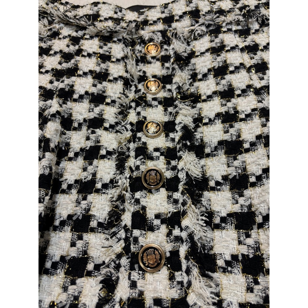 A Loves A Houndstooth Tweed Mini Skirt Black White Gold Metallic Crest Button L - Picture 2 of 11